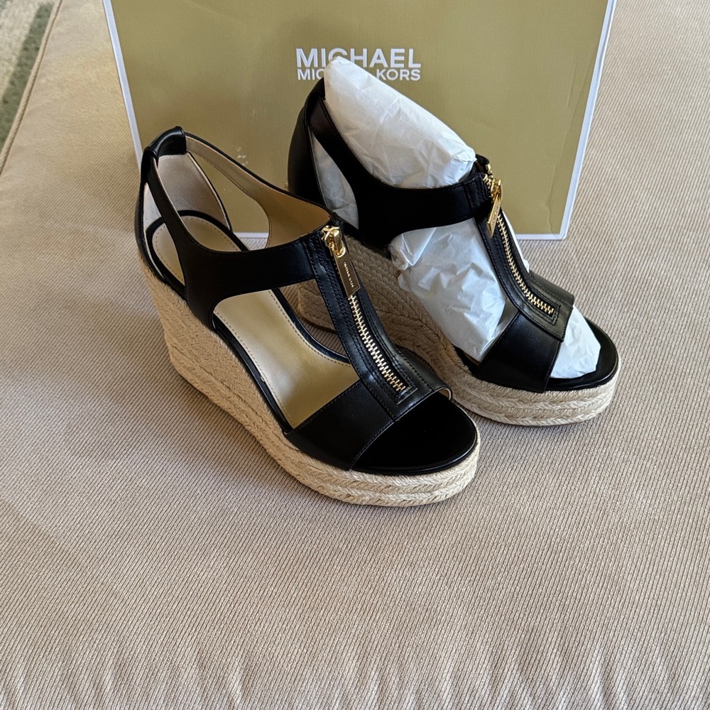 Michael Kors Black Wedge Sandals with Gold Accents